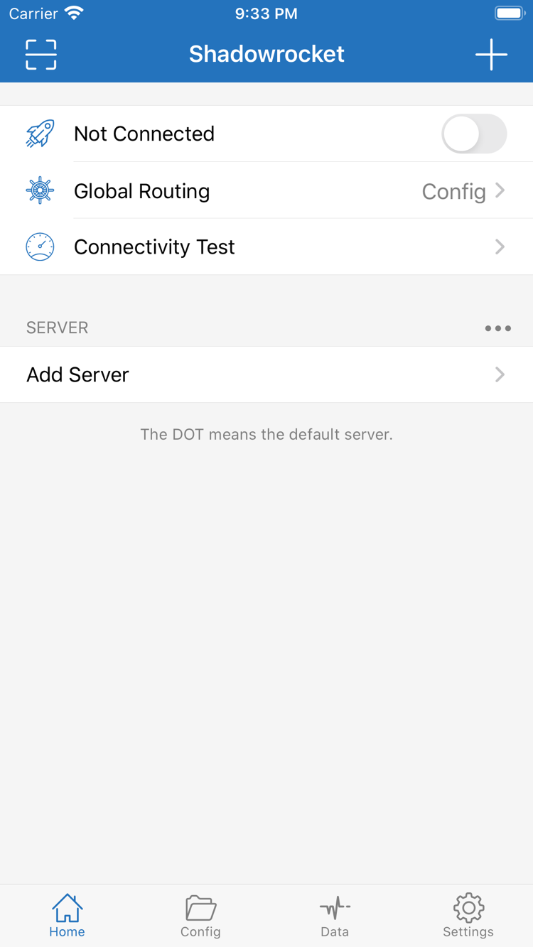 Official Shadowrocket Home screen showing the Not Connected switch, Global Routing, and Connectivity Test at the top, with SERVER and Add Server below